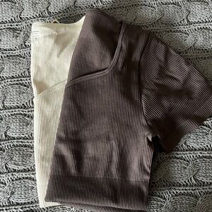 2- OQQ Women's Bodysuits Stretch,Ribbed,heart Neck, Short Sleeve,Size XL